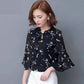 Women's Spring and Autumn Chiffon Short Sleeve Top Tie Bow Print T-Shirt