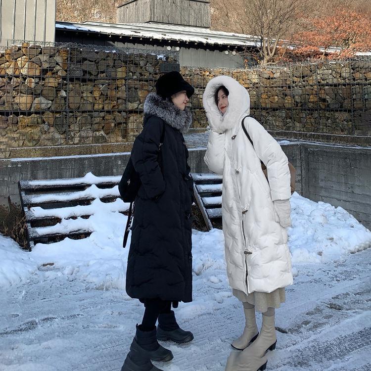 Fluffy Big Fur Collar Hooded White Duck Down Down Jacket Women's Mid-length Loose Women's Winter Thick Coat Button Design Winter Jacket