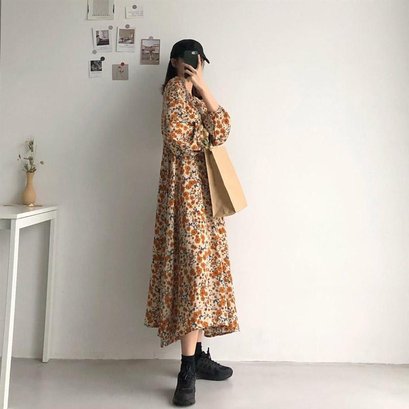 French Temperament Retro V-neck Floral Skirt Female Spring Summer Waist Thinner Over The Knee Chiffon Dress