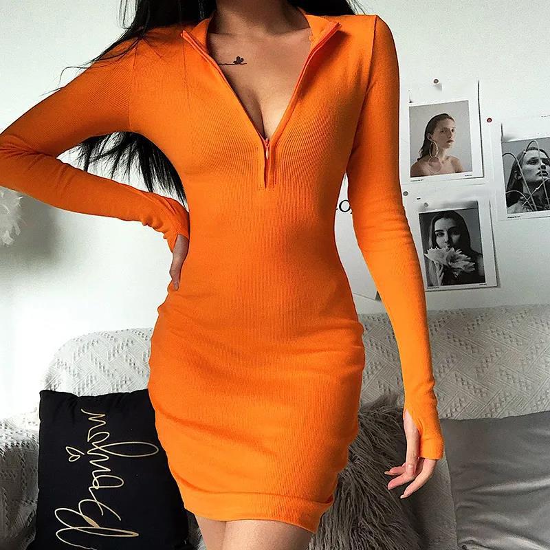 Women Sexy Knitted Tight-fitting Dress Solid Color Long Sleeve Zipper Closure Thread High Elasticity Dress