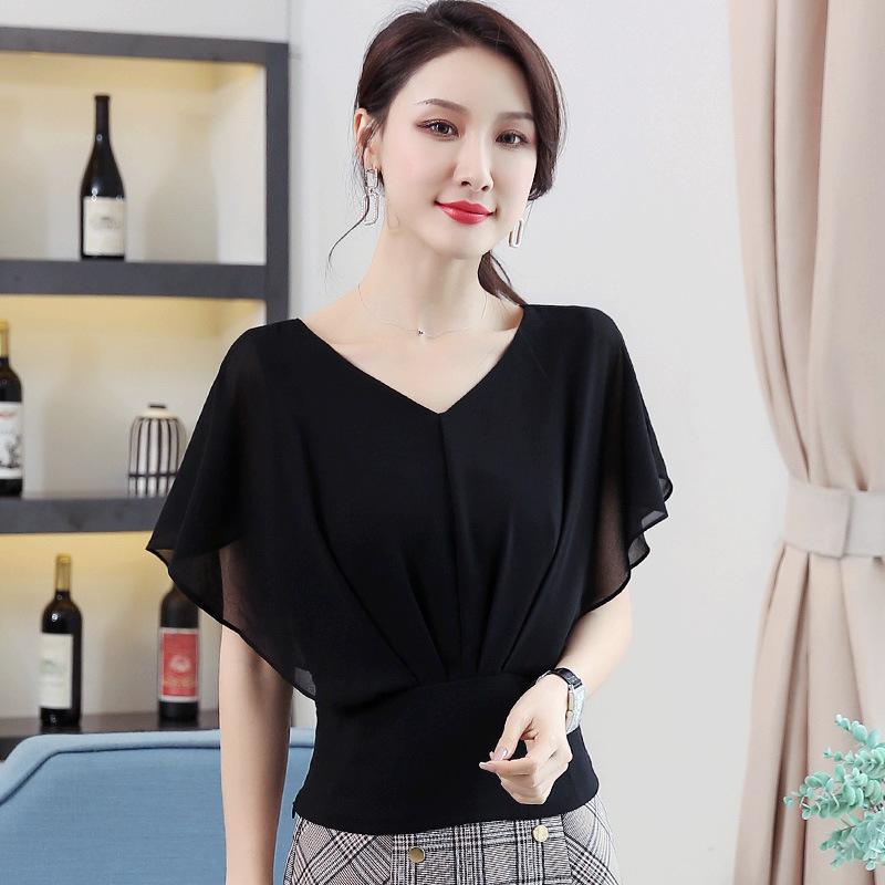 Summer Chiffon Shirt Short-sleeved Women's Temperament V-neck Bat-sleeve Cover Arm Thin T-shirt Women's Top