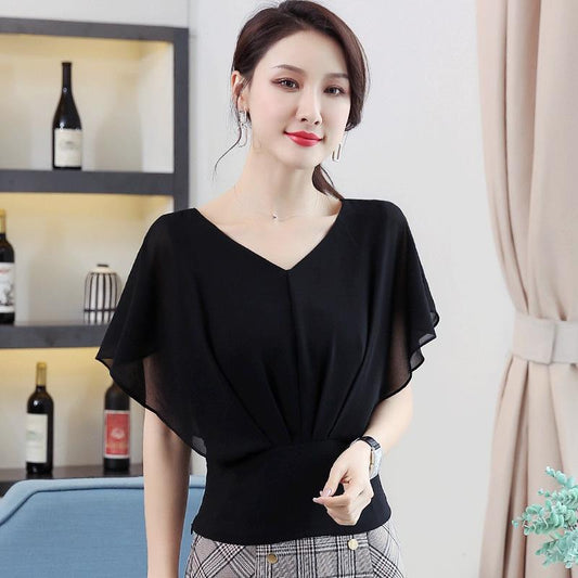 Summer Chiffon Shirt Short-sleeved Women's Temperament V-neck Bat-sleeve Cover Arm Thin T-shirt Women's Top