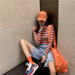 Cute O-neck Colorful Striped Pullover Short Sweater Women Open Navel Slim Waist Knitwear