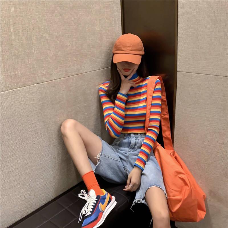 Cute O-neck Colorful Striped Pullover Short Sweater Women Open Navel Slim Waist Knitwear