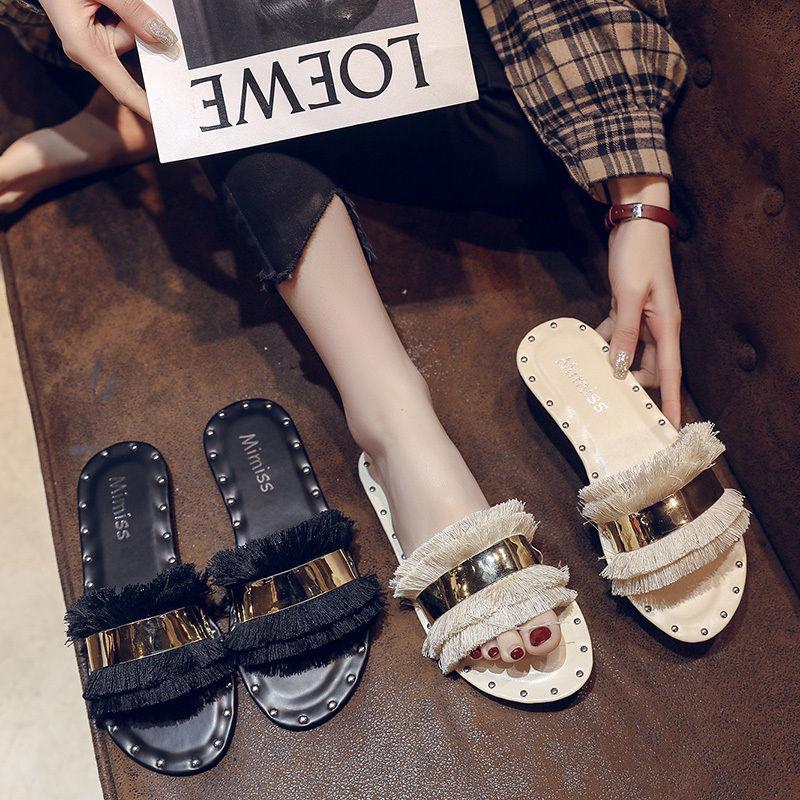 Slippers female summer wear wild word flip flops retro fashion flat bottom beach sandals slippers