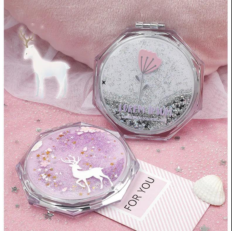 Woman Polygon Hand-held Makeup Mirror Mini Vanity Mirror Schoolgirl Flip Foldable Easy To Carry  Quicksand Sequins