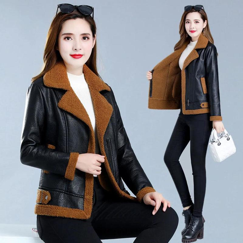 Winter Women's Leather Fashion Fur Coat Lamb Fur Coat Plus Velvet Thick Short Large Size Leather Coat