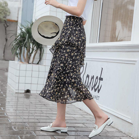 Floral Skirt High Waist  Irregular Ruffle Chiffon Midi Skirt Elastic Waist Mid-length Large Hem Skirt A-line Skirt