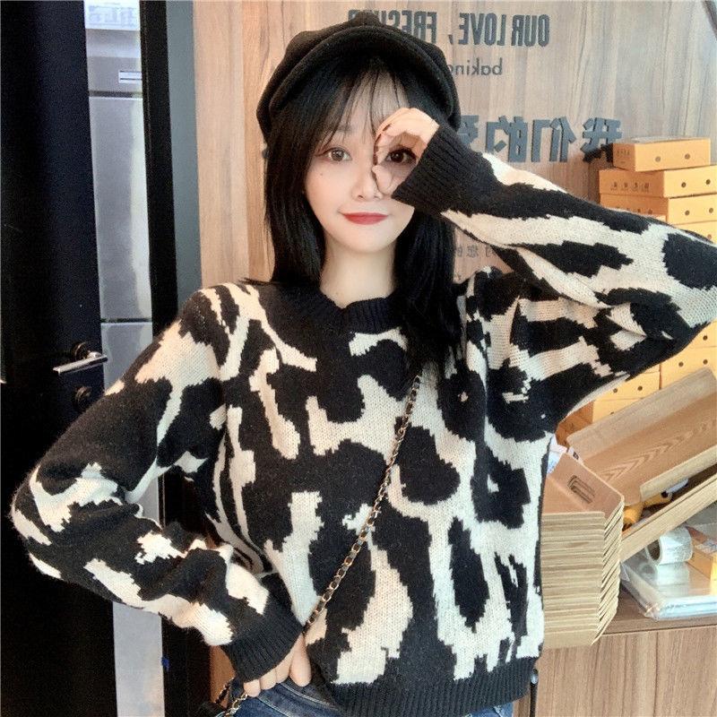 Autumn Winter  Women Fashion Sweater Short Leopard  Knitting Sweater  Round Neck Pullovers Loose Casual Long Sleeve Sweater