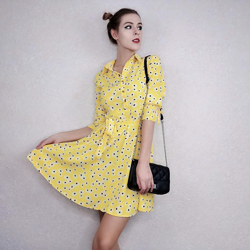 Women's retro floral dress spring long-sleeved a-line shirt dress OL Style Knee-length Dress Plus Size S-5XL
