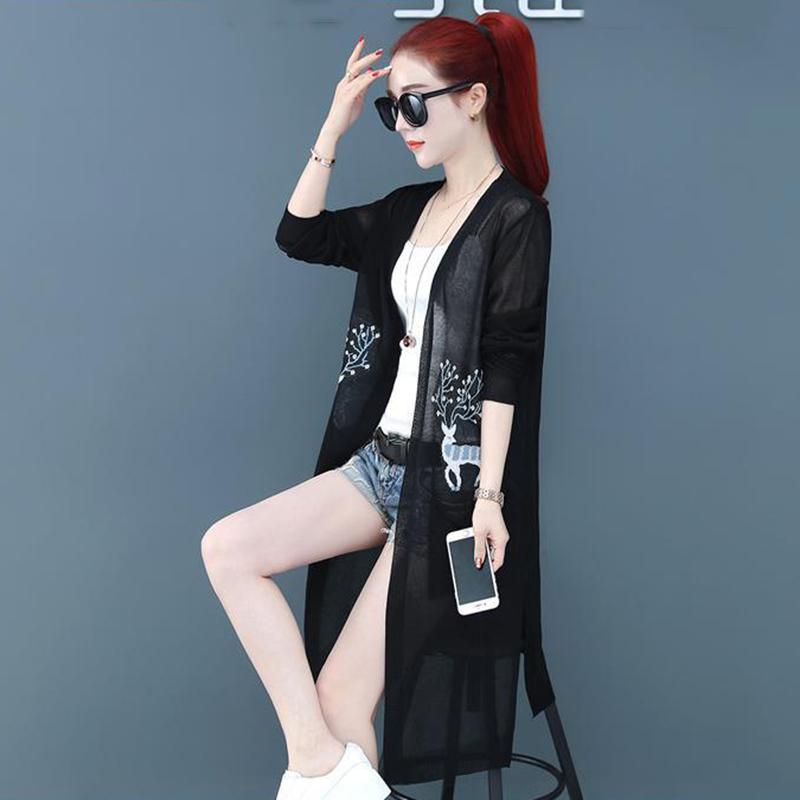 Ice Silk Cardigan with Women's Mid-length Knitted Shawl Long-sleeved Jacket Sunscreen Clothing Thin Air-conditioning Shirt Light and Breathable