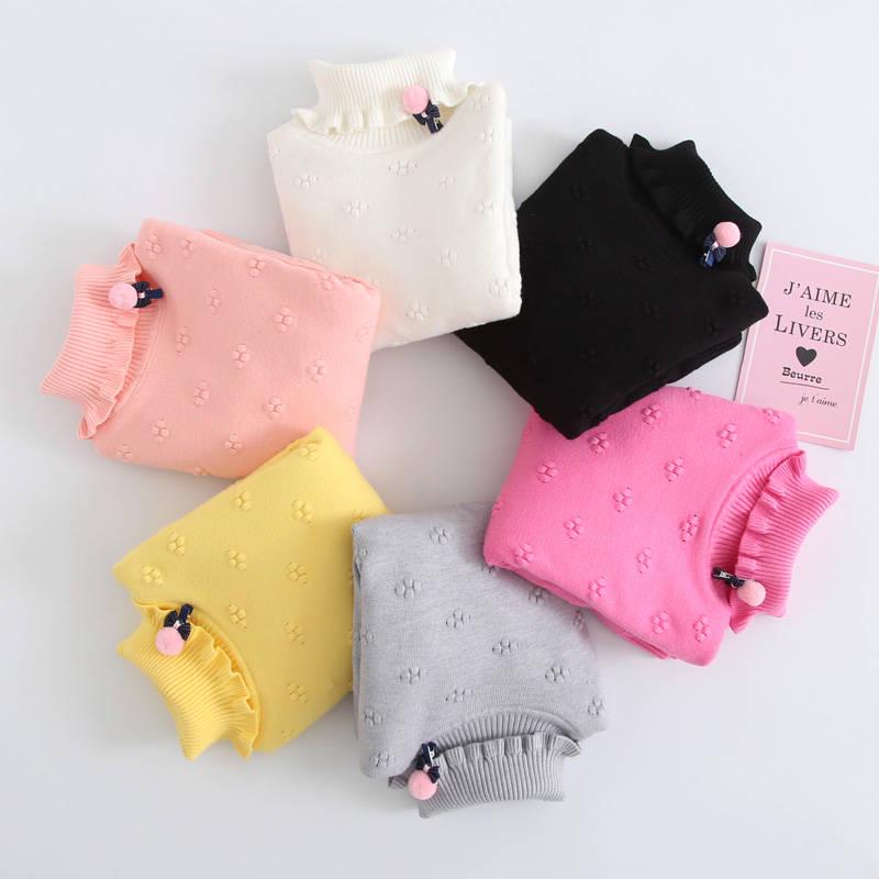 Girl Sweater Plus Velvet Thick Autumn and Winter Solid Color Set High Collar Long-sleeved Big Children's Knitting Shirt