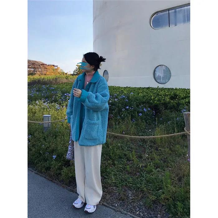 Ice Blue and White Two-sided Coat Women Korean Style Square Collar Loose BF Wind Padded Coat Women