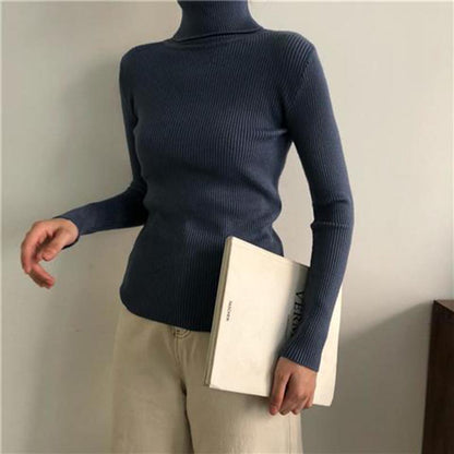 Pofulove Autumn Solid Color Slim Pullover High Collar Warm Long Sleeve Knitted Sweater Women's Cloth