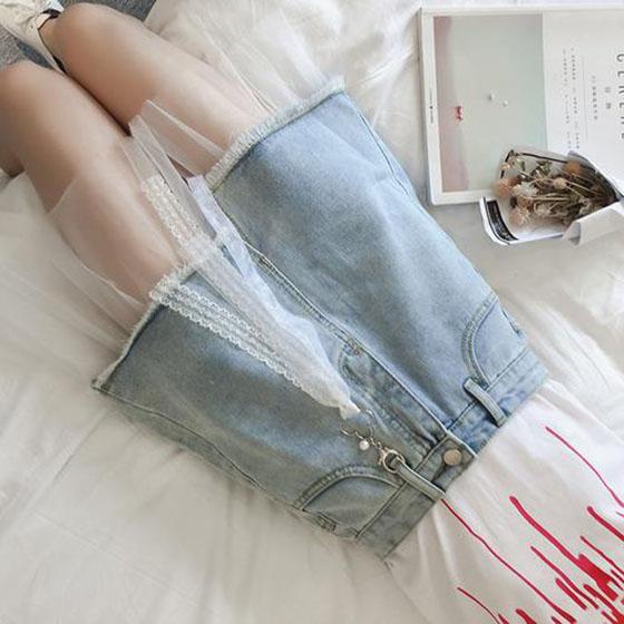 Women Summer Denim Stitching Mesh Tassel Irregular Short Skirt Vintage Slim Elegant Streetwear A-line Casual Skirt