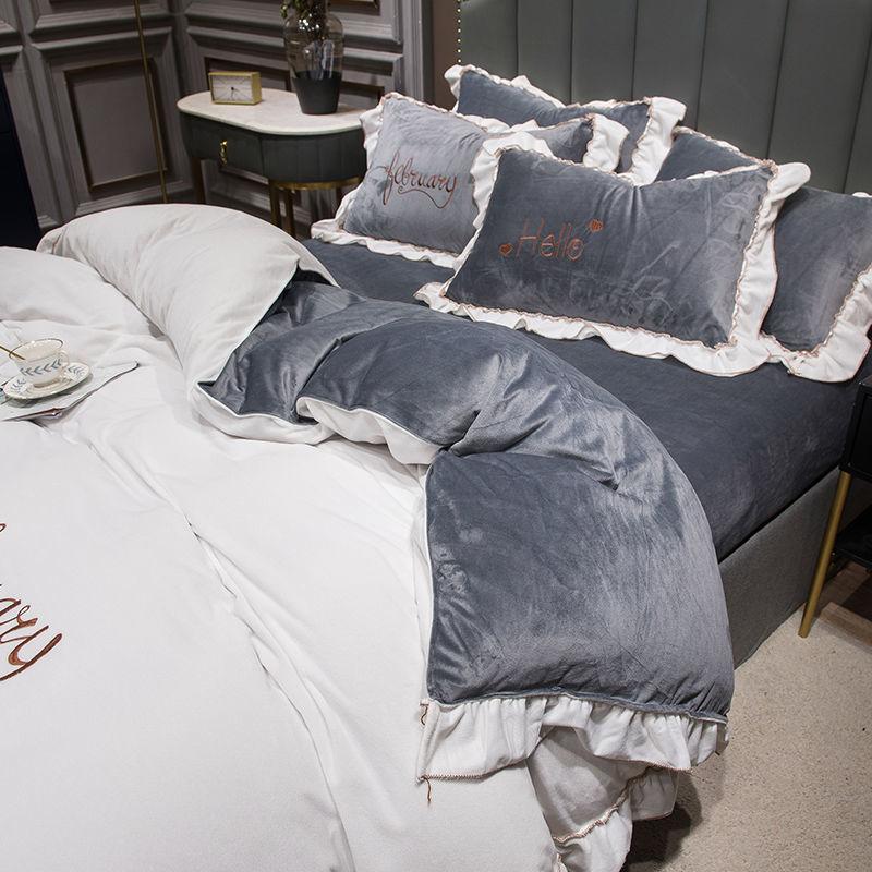 Korean Fashion Princess Style Four-piece Girl Heart Lace Solid Color Bed Linen Quilt Cover Bedding