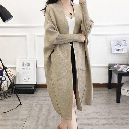 Autumn and Winter Fashion Cardigan Mid-length Long-sleeved Casual Sweater Loose Pocket Coat