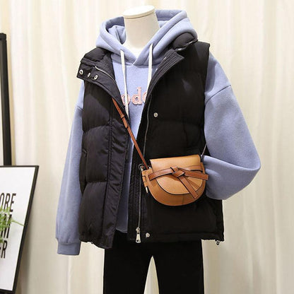 Autumn and Winter Short Casual Down Cotton Vest Korean Loose Sleeveless Jacket Solid Color Stand-up Collar Female Vest