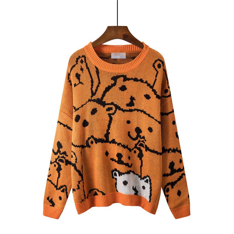 Winter Sweet Jacquard Pullover Sweater Women Loose Long Sleeve Knitted Round Neck Sweater
