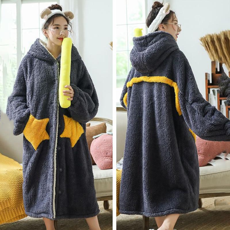 Pajamas Women Autumn and Winter Coral Fleece Stars Long Style Can Be Worn Outside Flannel Plus Size Nightgown Women Winter Night Skirt Home Service
