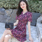 Women's Summer Floral Dress V-neck Slim Ruffled Mid-length Skirt