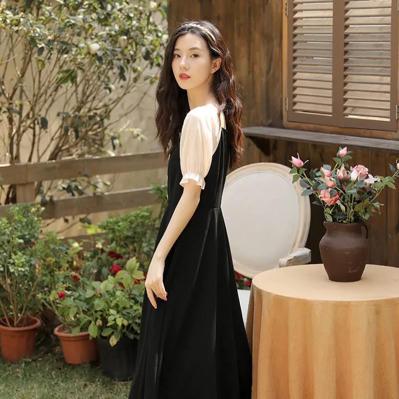 French Retro Style Sexy Black Woman Square Collar Puff Short Sleeves Wedding Part Mid-calf Dress