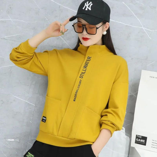 Spring Stand Collar Zipper Jacket All-match Casual Sweatshirt Women's Solid Color Pocket Letter Printed Jacket