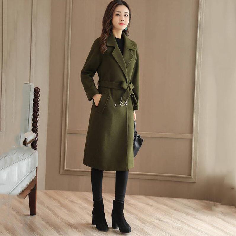 Long Women's Coat Lapel Pocket Belted Jackets Solid Color Coats Female Elegant Outerwear Ladies Coat