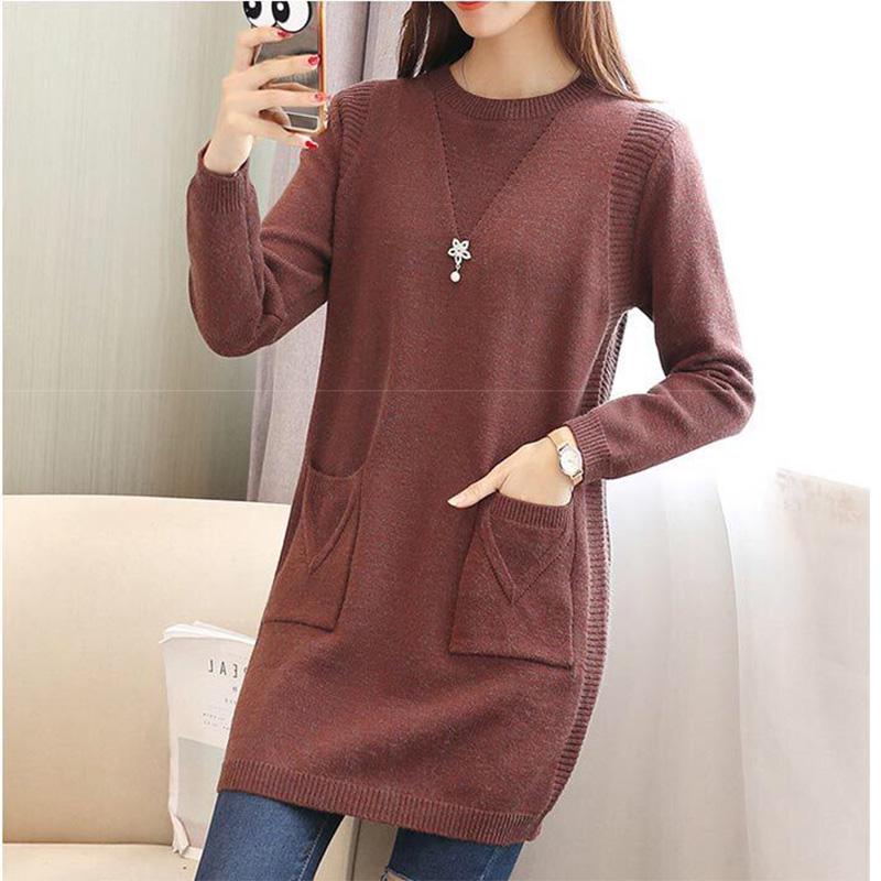 Lazy Style Slim-fit Sweater Women Loose Autumn and Winter Mid-length Knitted Bottoming Shirt Solid Color Round Neck Warm Sweater