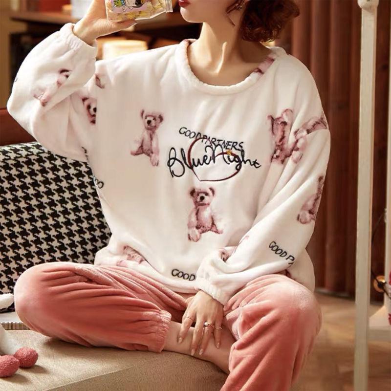 Winter Thickened Warm Pants Suit Autumn and Winter Coral Fleece Warm Loose Large Size Women's Pajamas