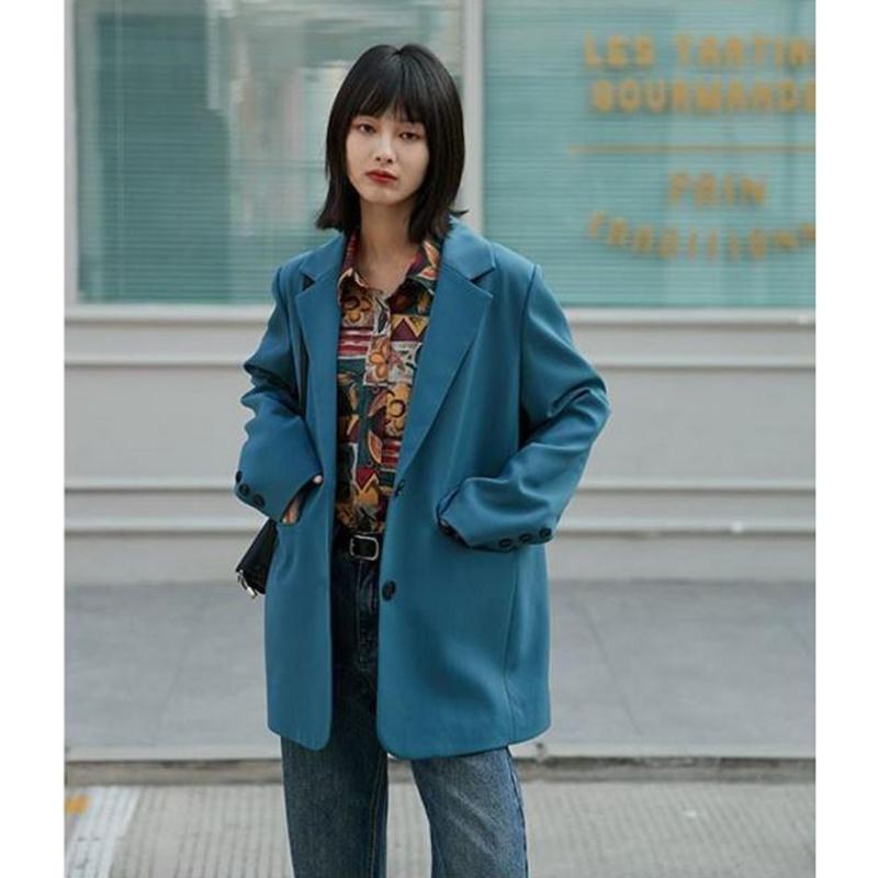 Suit Jacket Female Korean Student Mid-length Small Suit Blue Retro Casual Loose Single-breasted Street Style