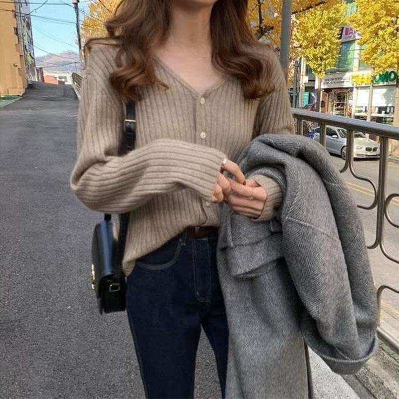 Autumn and Winter Cardigan Sweater European and American Style V-neck Blouse Long Sleeve Pure Color Youth Female Jacket