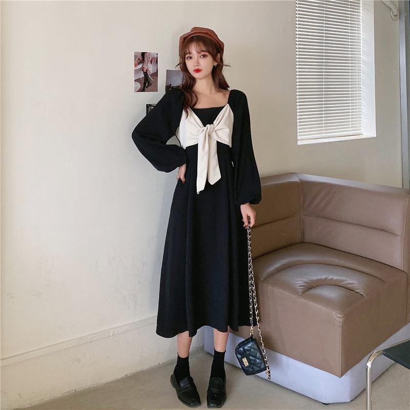 Autumn and Winter Solid Color Lantern Sleeve Square Collar Design Large Cute Bow Mid Length Long Sleeve Dress
