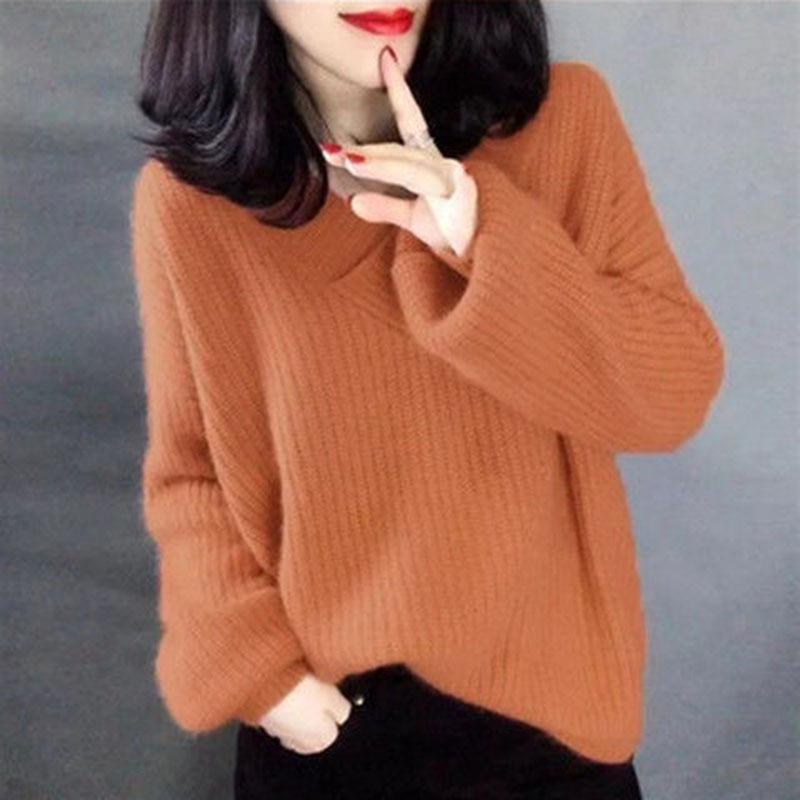 Women V-Neck Pullover Knitwear Sweater Slim Solid Color Sweater Long Sleeve Knit Tops