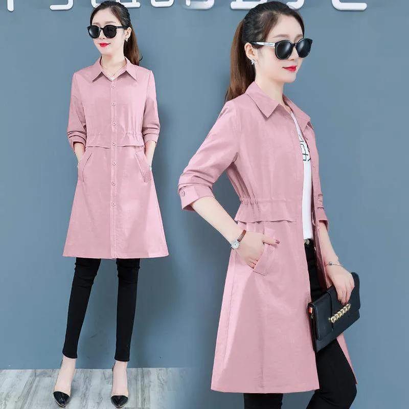 Women's Windbreaker Mid-length Spring and Autumn Solid Color Korean Version Slim Waist Tightening Large Size Slim Coat