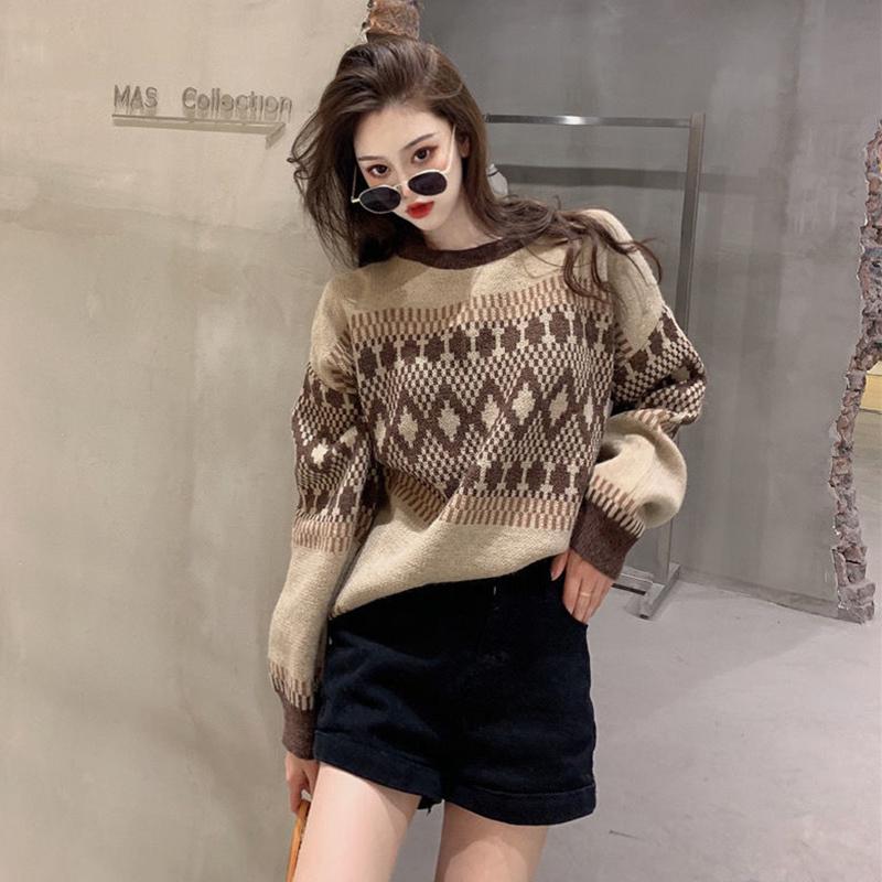 Sweater Autumn  Winter Loose Long-sleeved Women's Fashion Retro Round Neck Casual Padded Pullover Knitted Top
