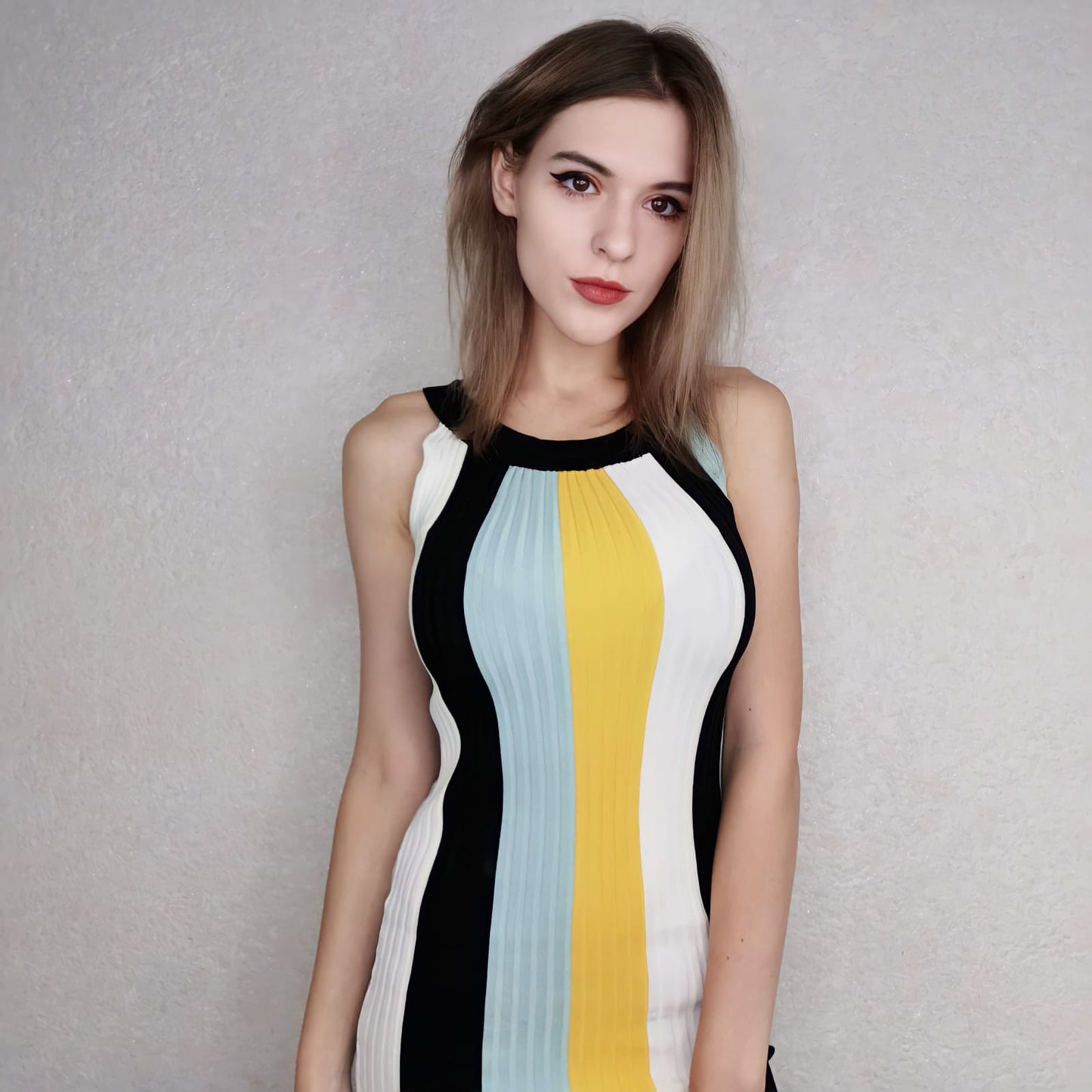 Women's Round Neck Sleeveless Halter Neck Dress Striped Knitted Dress Elastic Slim Bodycon Dress for Party