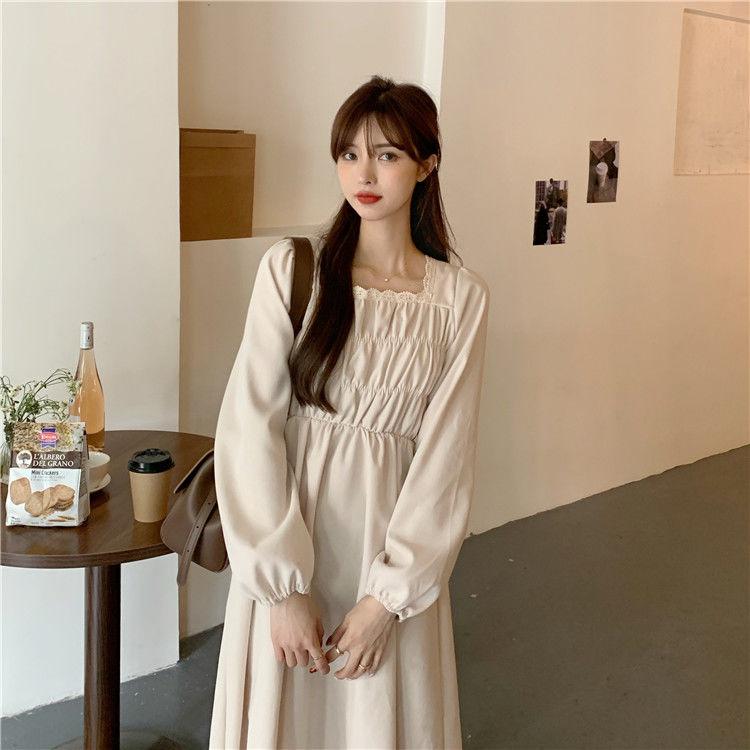 Spring and Autumn Korean Version of French Temperament Square Collar Lace Folds Waist Dress Students