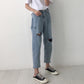 WTEMPO Hole Jeans Loose Social Nine Points Wide Leg Female Student High Waist Was Thin Straight Pants