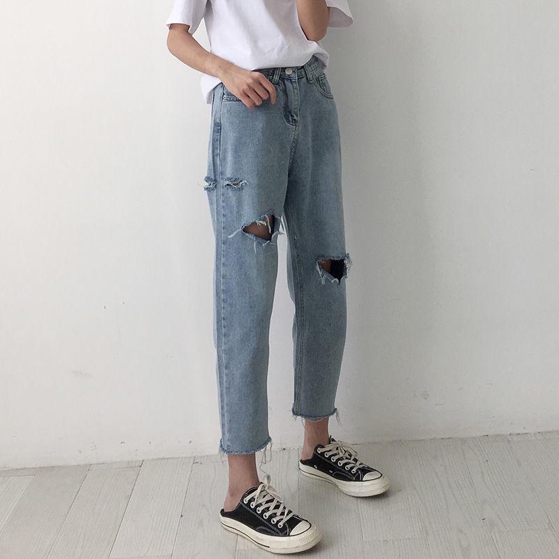 WTEMPO Hole Jeans Loose Social Nine Points Wide Leg Female Student High Waist Was Thin Straight Pants