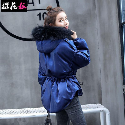 Autumn Winter Women's Cotton Jacket Hooded Parkas with Fur Collar Casual Drawstring Thick Shiny Winter Jacket