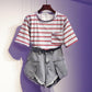 Summer Women's Suit Loose Stripe T-shirt Denim Shorts Two Piece Suit