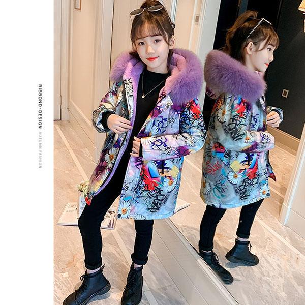Kids Printed Fur Parkas for  Girls Winter Thick Warm Hooded Faux Fur Coat Unisex  Parka Jacket with Faux Fur Collar Outwear