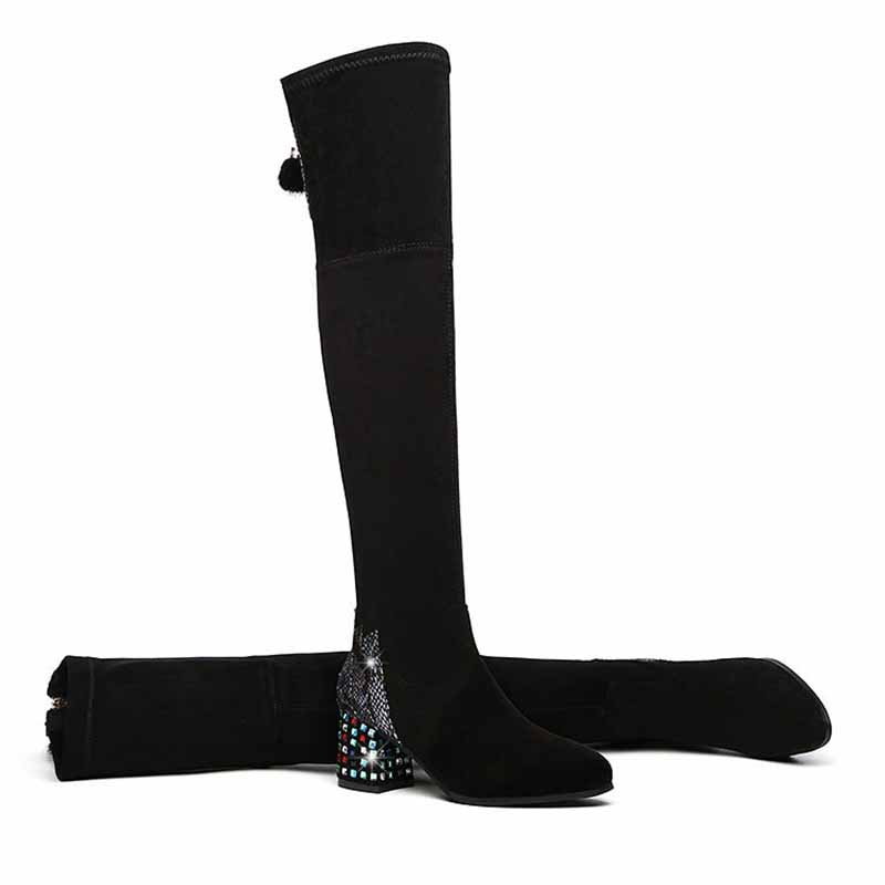 Thick-heeled 6cm Over-the-knee Boots High-heeled Elastic Suede Rhinestone Decoration Women's Boots Long-tube and Velvet Boots