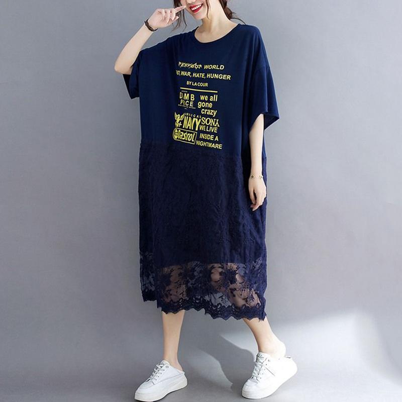 WTEMPO Plus Size Women Dress Summer Lace Round Neck Long Dress Casual Mid-calf Length