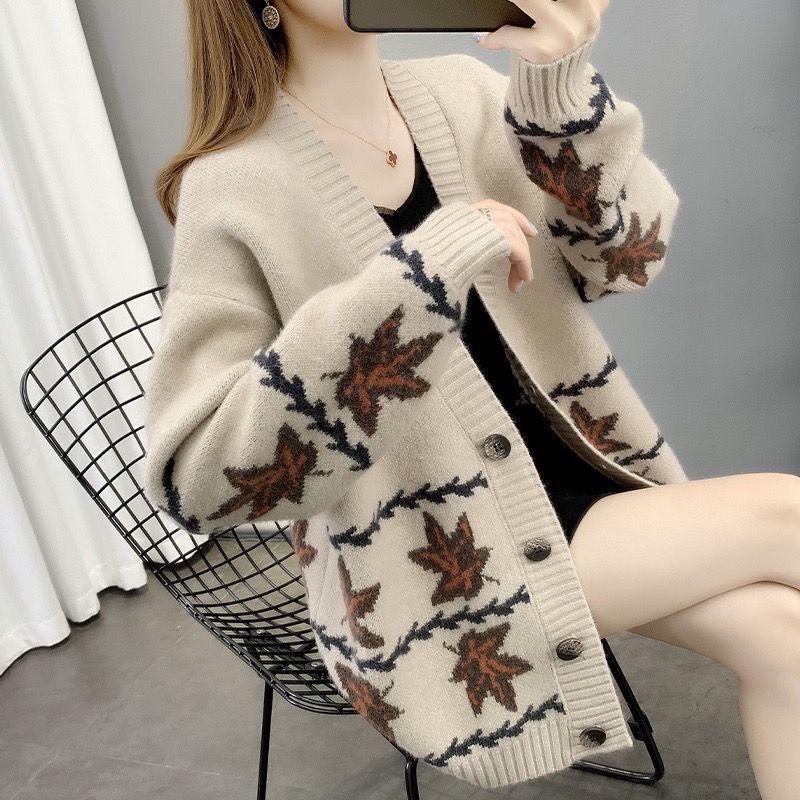 Autumn and Winter Loose Sweater Maple Leaf Pattern Coat Knitted Cardigan Blouse