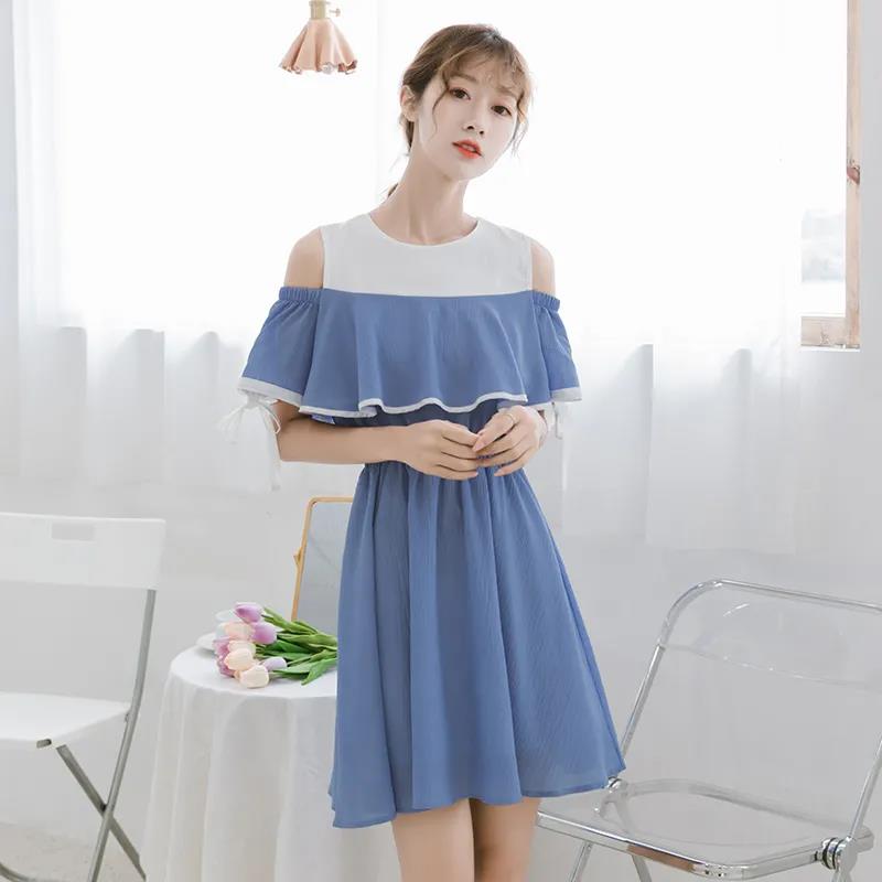 Ladies Off-shoulder Loose Mid-length Dress A-line Version Dress with Waist Slimming Ruffled Sweet and Cute Ladies Off-shoulder Dress