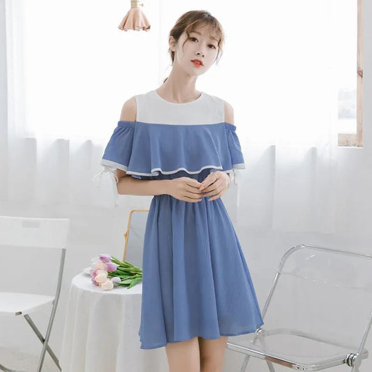 Ladies Off-shoulder Loose Mid-length Dress A-line Version Dress with Waist Slimming Ruffled Sweet and Cute Ladies Off-shoulder Dress