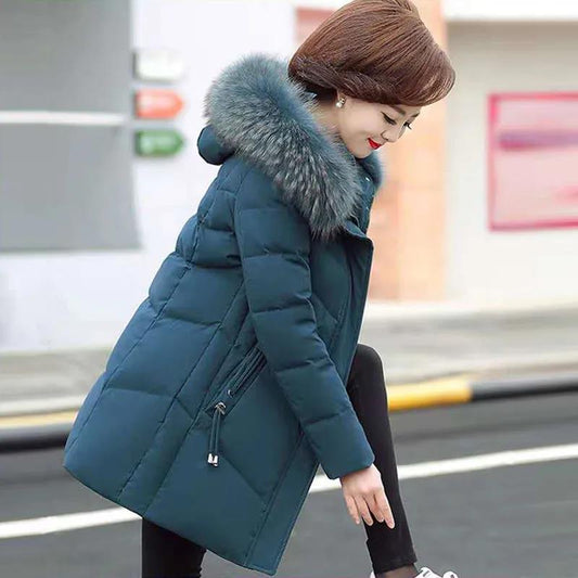 Women's Mid-length Down Jacket Winter Korean Loose Cotton Clothes Casual Hooded Padded Jacket Quilted Jacket