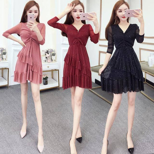 Dinner Dress Women's Fashion Temperament Long Sleeve Sexy Bright Diamond Mesh Drawstring V-neck